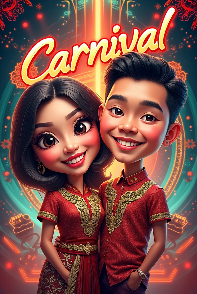 Caricature flyer design for Carnival events. Combine traditional Indonesian elements, such as batik motifs or carvings, with a futuristic touch. Use red, white, and gold as the main colors. with additional technological elements such as neon light or digital lines. The interior, conceptual art, illustration, typography, poster, vibrant, painting, portrait photography, cinematic, fashion, 3d renderLess