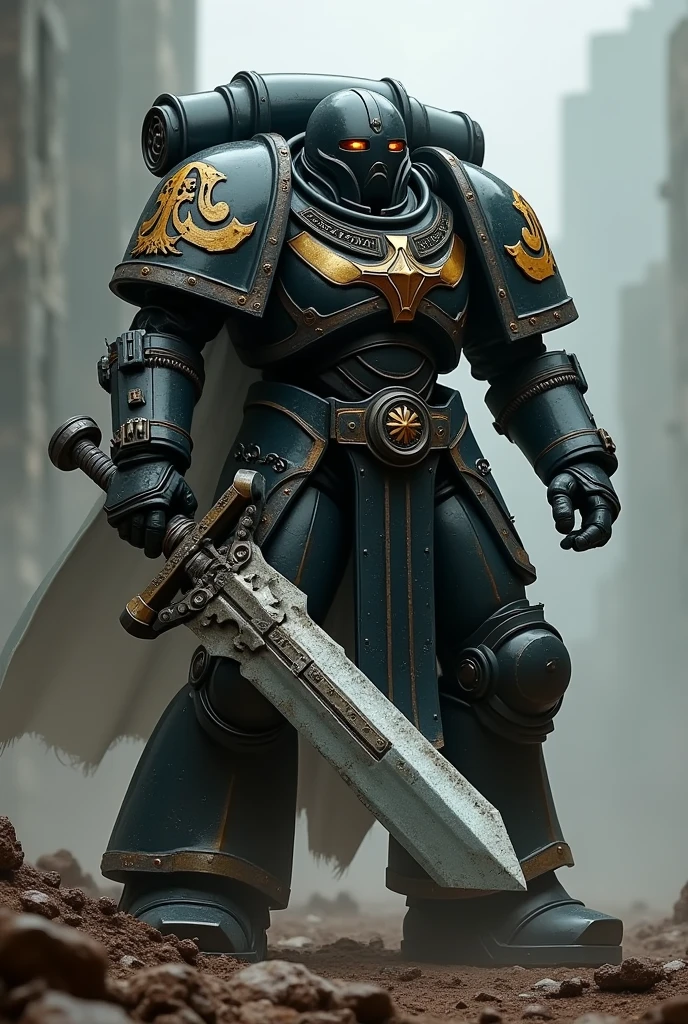 Deathwatch space marine. Handle a claymore sword. Wears Strom Wardens heraldry on his pauldron. Has a robotic arm attached to his back. He has an electronic prothesis on his eye.