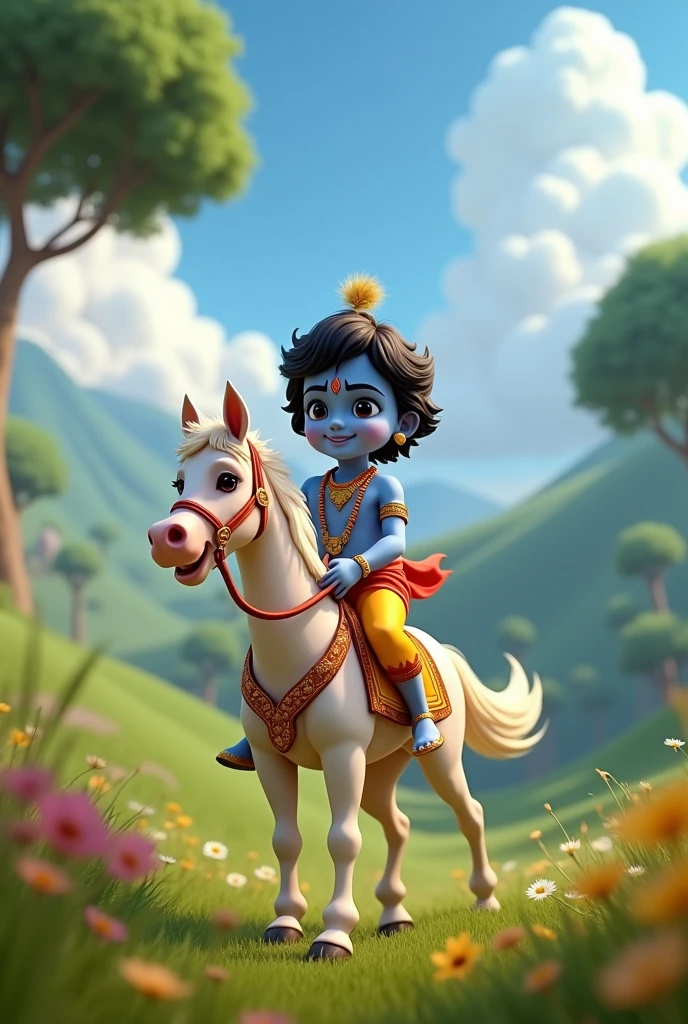 Create Cinematic 3d Cartoon Style animation video "Little Lord Krishna Riding Horse"