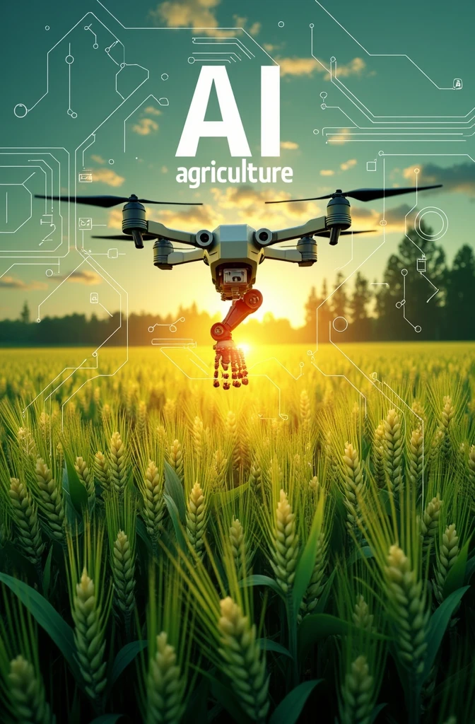 Design a book cover for a title 'AI in Agriculture.' The cover should blend elements of advanced technology with natural agricultural scenes. The background should feature a vibrant, lush field with crops such as wheat, rice, or corn. Overlaid on the field, integrate subtle digital or futuristic elements like circuit patterns, binary code, or a glowing grid to symbolize AI. In the center, depict a stylized drone or robotic arm interacting with the crops, showcasing the fusion of technology and nature. Use modern, clean fonts for the title, with a color scheme that contrasts the natural greens and golds of the field with the metallic or digital hues representing AI. The overall design should be professional, eye-catching, and reflect the innovative intersection of AI and traditional agriculture."