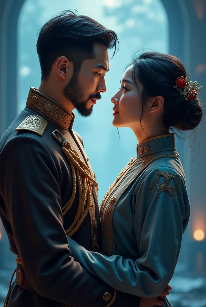 A general couple,Male general Asian young handsome,A little beard,tall,good body shape,The female general is heroic yet gentle,The two are in harmony,The male general looks at the female general with deep affection, Blue tint,Realistic photos