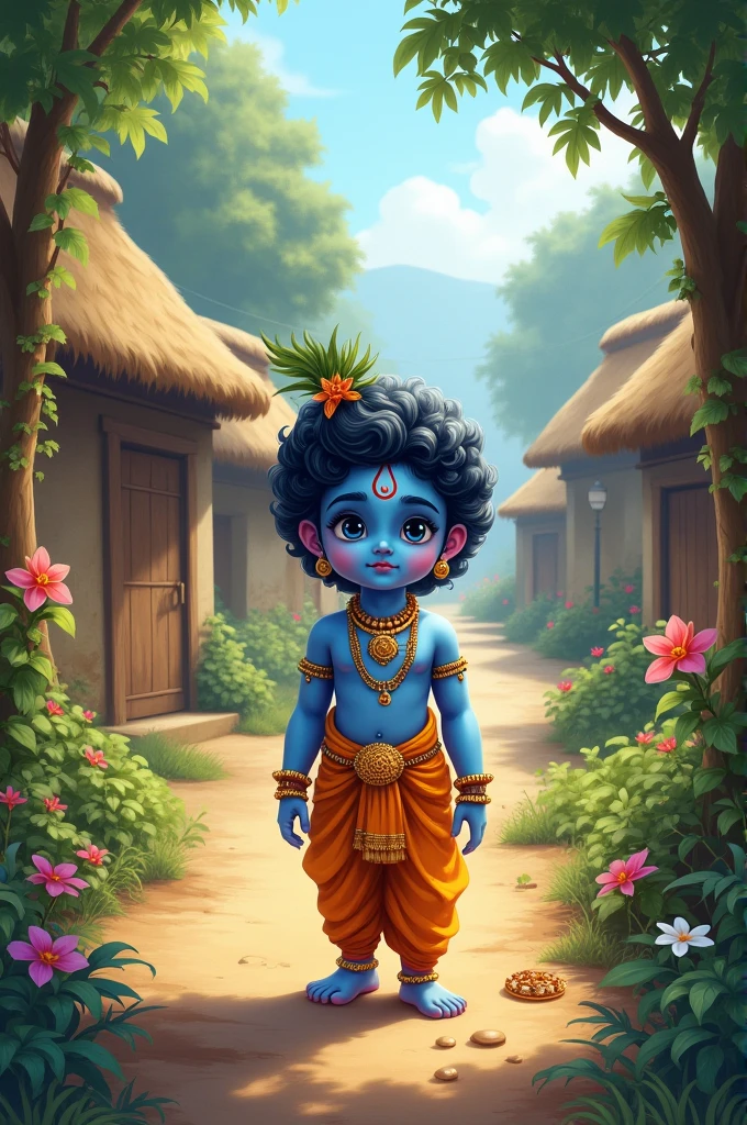 Little blue krishna is standing in a village