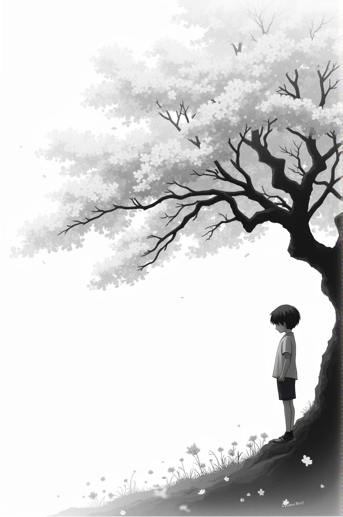 "Create a black-and-white wallpaper featuring a cherry blossom tree on the right side. The tree has branches that extend towards the left side of the image. At the bottom right, in the shadow of the tree, there is a boy standing or sitting while looking to the left. The cherry blossom tree should have a distinct, textured appearance, with its branches flowing naturally across the image. The scene should evoke a calm and contemplative mood, with soft, diffused lighting."