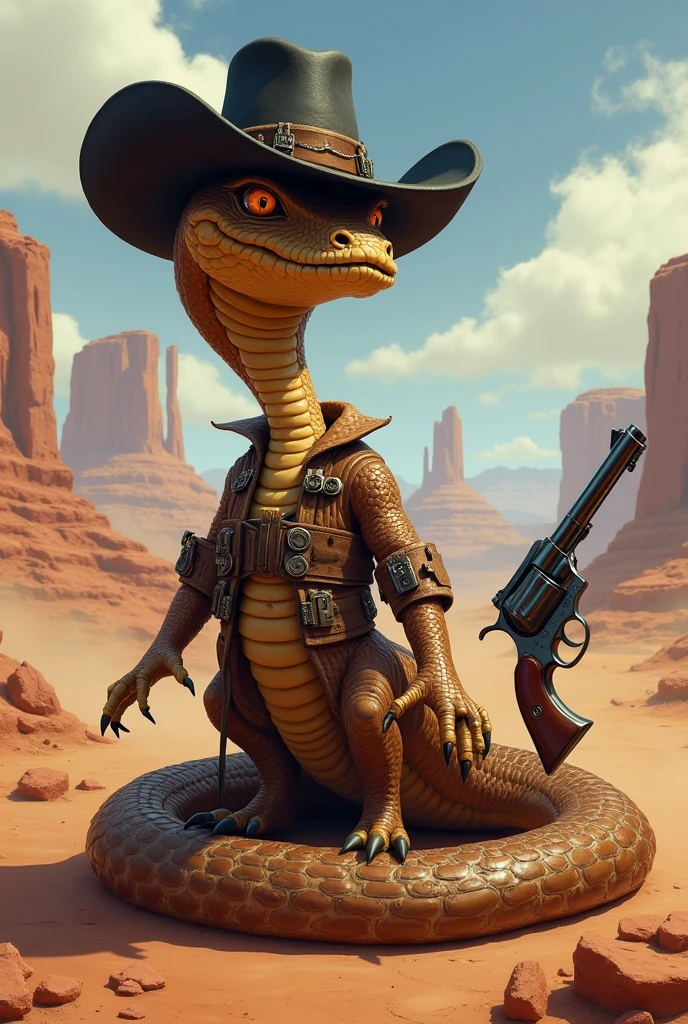 A brown rattlesnake wearing a black hat, wrapped in ammunition holsters, and at the end of its tail is a gun. Use Jake Rattlesnake from the animated film Rango as a reference. I would like the art in a fantasy RPG style, set in the old west.