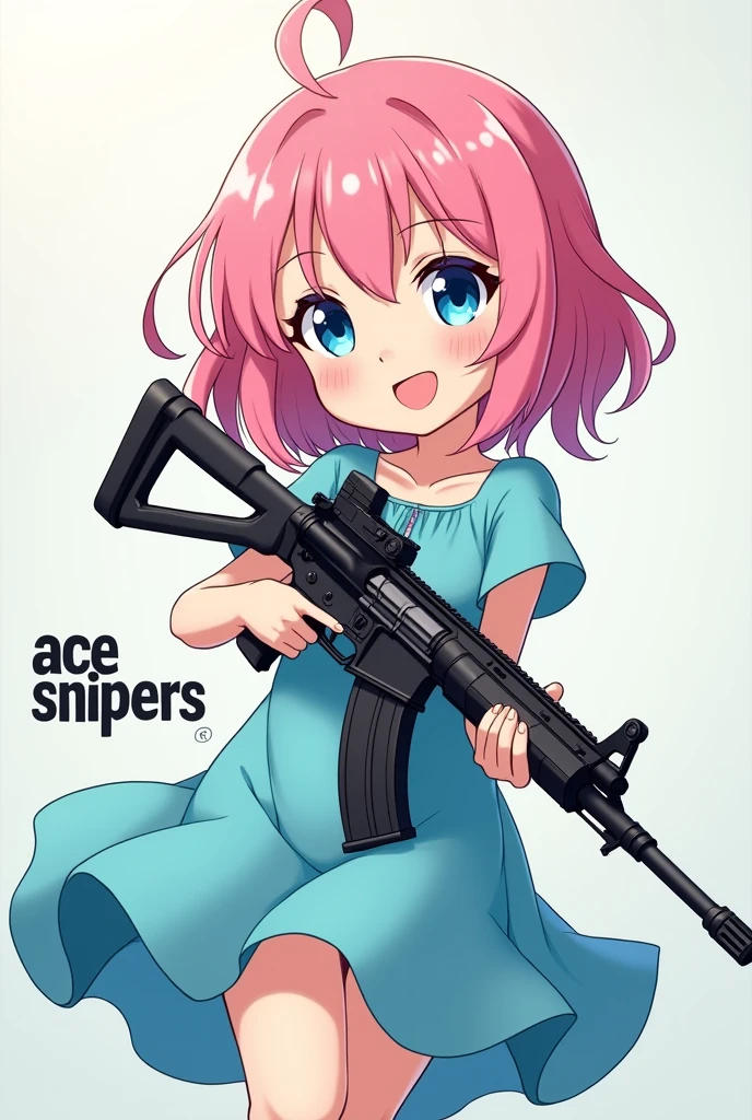  cute smiling anime style girl with pink hair and a pool blue dress holding an assault rifle, with the words "Ace Snipers" in front of her