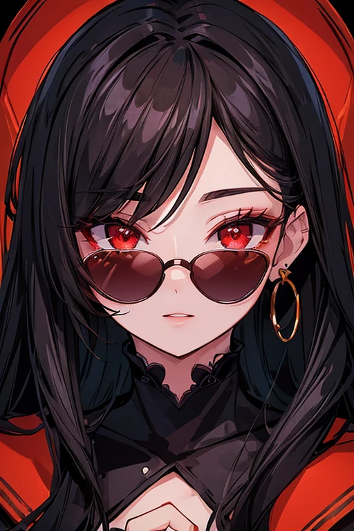 (Portraits:1.4), (masterpiece:1.2, best quality:1.2),a woman with glasses and a red eye is looking at the camera, high quality artstyle, style portrait, style character face focus, extremely detailed face, extremely detailed eyes, good-looking, make up, finger on lips, sunglasses, fashion wear, earrings,