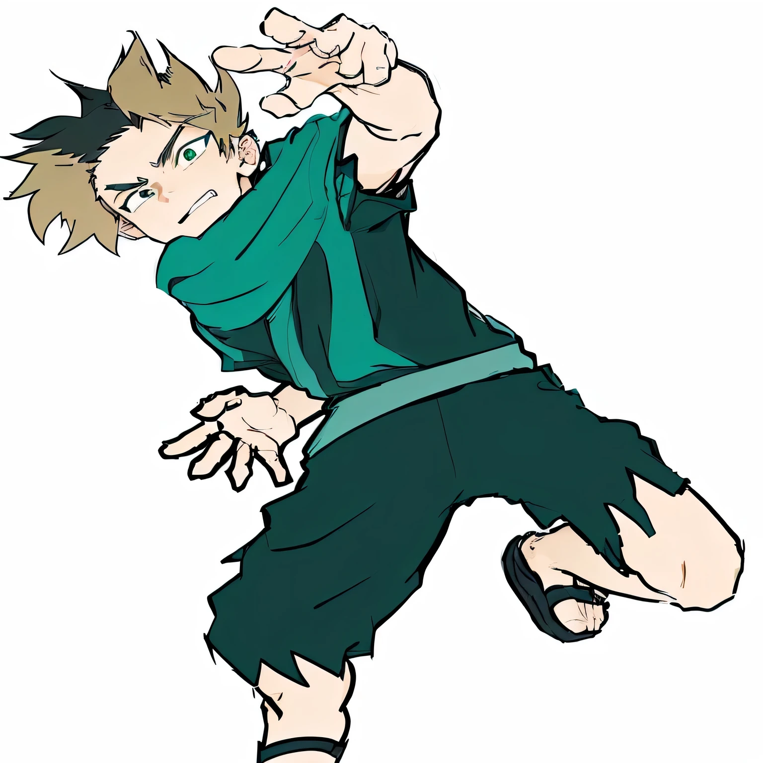 a cartoon of a man in a green shirt and black shorts, fullbody!! dynamic action pose, anime style character, attack pose, various pose, boku no hero academia style, male anime character, shounen jump, toru furuya, handsome anime pose, with teal clothes, anime character, izuku midoriya, fight pose