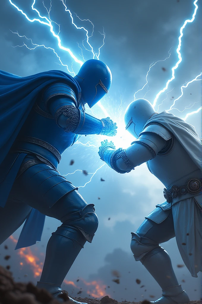 A knight in blue armor and a blue closed helmet punching with lightning fists his enemy in white armor and a white closed helmet
