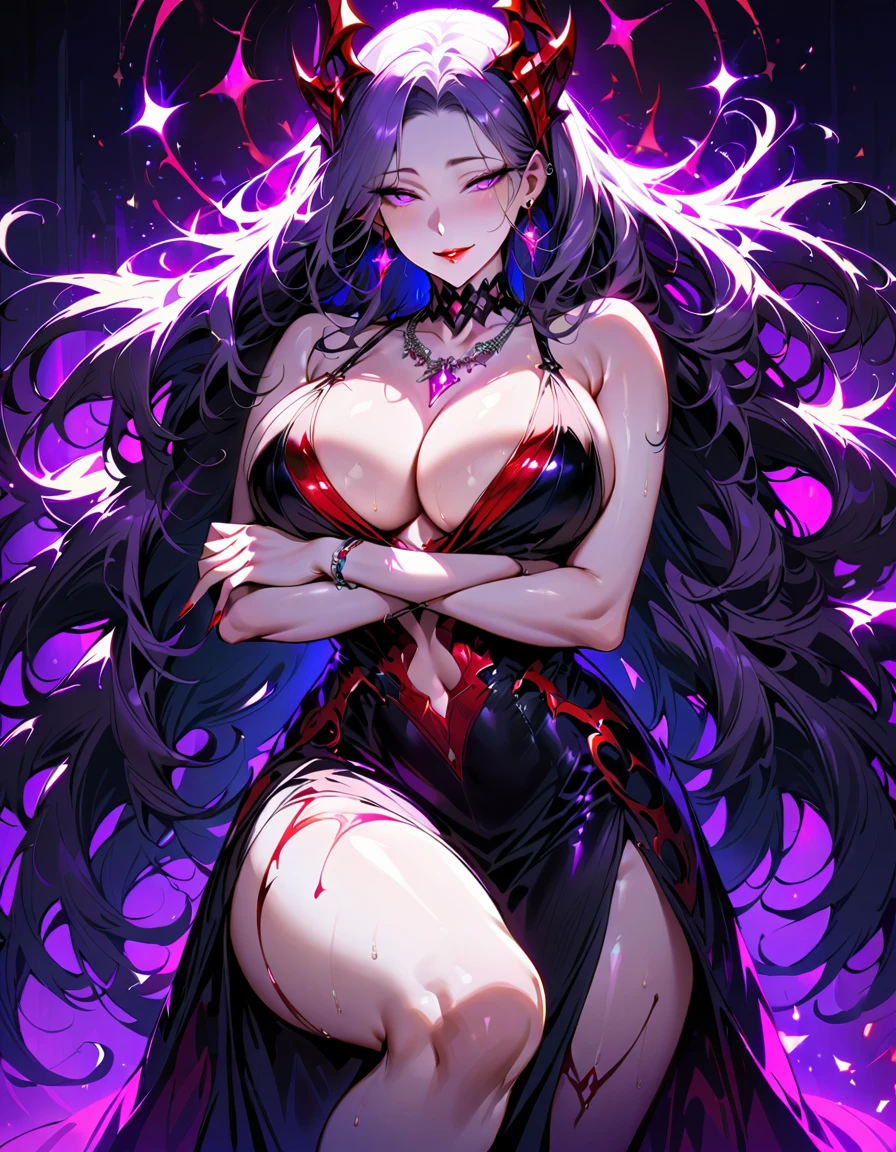 A young and beautiful woman and a mature and seductive woman:1.5,(Highest quality,Extremely detailed depiction,Incredibly absurd high resolution,Anatomically accurate depiction,Curvy Legs,Vertically drawn pupils,Shiny skin,Porcelain-like skin),(Succubus Mother and Daughter),(Elegant Gala Dresses,Fluffy Dress,Conservative dress,Gorgeous)eyelash,Sweat,(Glowing purple eyes,Crazy Eyes,Large Breasts,A seductive smile,lustrous red lips,Flashy makeup,A seductive gesture by two people:1.3,Two people hugging each other:1.3,Half-closed eyes:1.5),Luxury accessories,earrings,necklace,Bracelet,whole body,