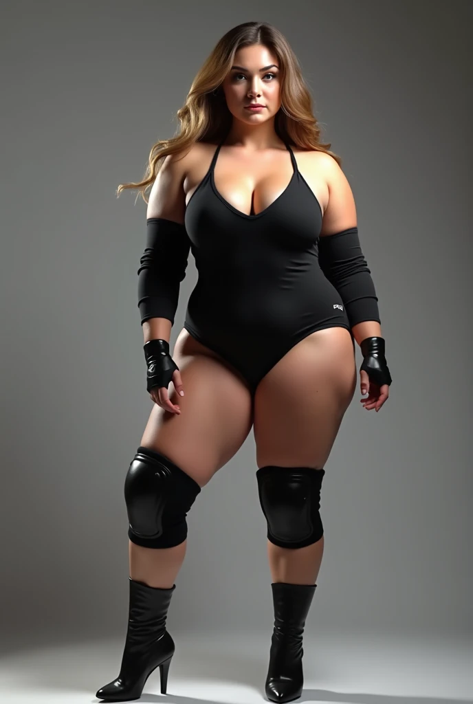 imagine chubby russian woman 2 wearing black elbow and knee pads wrestling sensual pose one piece swimsuit and grey background