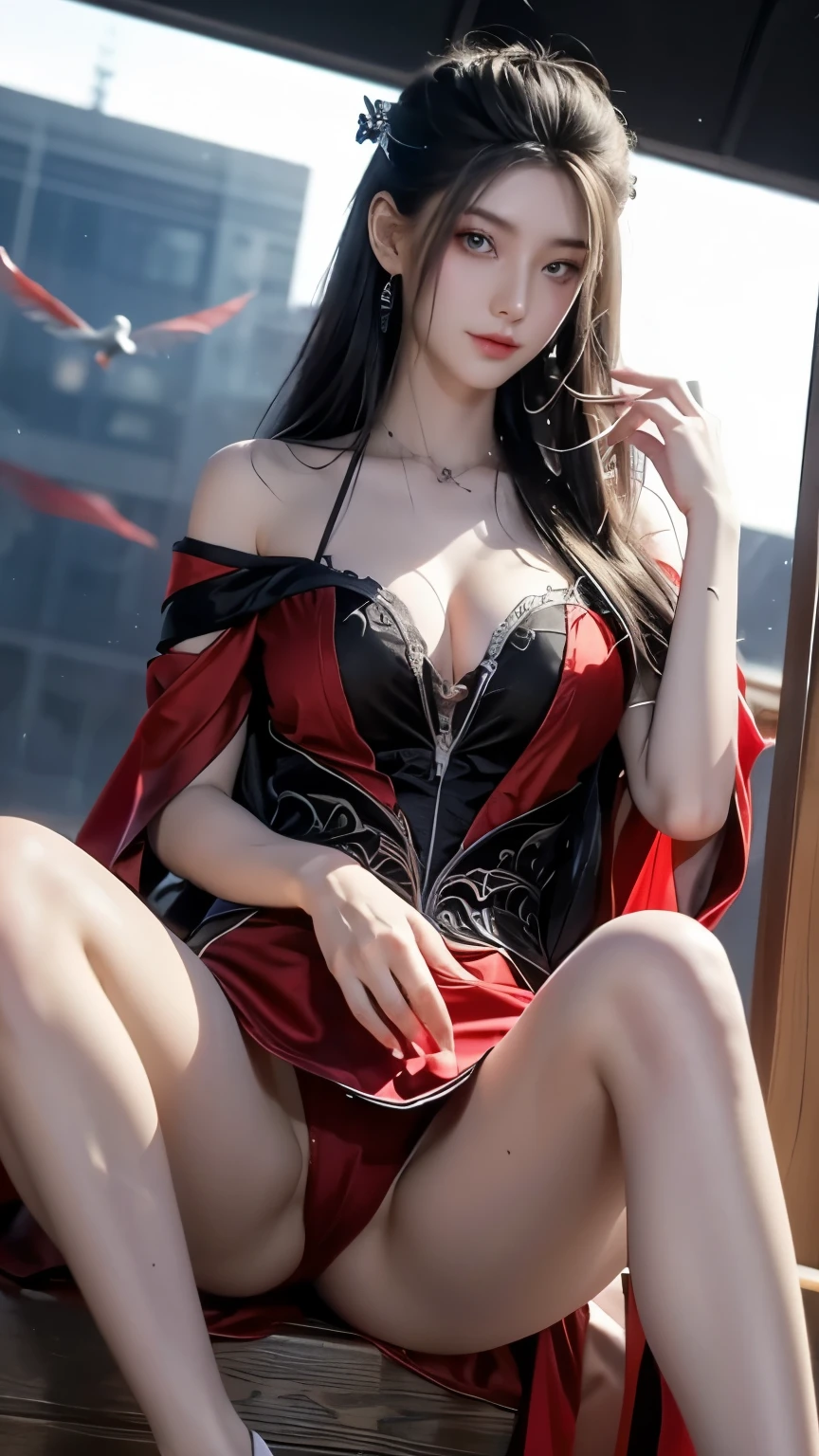 ((whole body)), 1 girl, Long hair, Red costume, Black Hair, long legs, Slender eyes, Fascinating eyes, Three long thin red hairpins, ((People floating in the air)), Elongated eyebrows, Tall and skinny, Clothes fluttering, (Very intricate details1.2), Big round breasts, (Sexy pose), Red silk, Leakage out of the breast, Off-shoulder, raised eyebrows, Barefoot, bare legs, Delicate face, Fluffy hair, Transparent Clothes, gradient eyes, color contact lenses, Smile, Narrow crotch, Surrealism, ray tracing, reflection light, high detail, Romanticism, retina, masterpiece, anatomically correct, high details, highres, 8k, super detail
