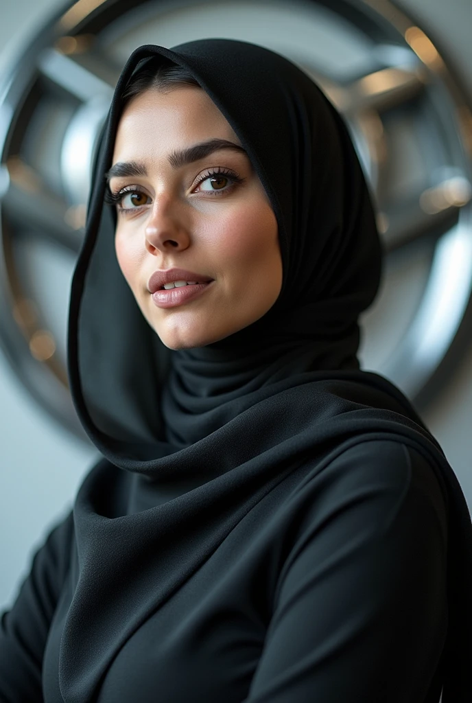 Woman in hijab with car logo in background