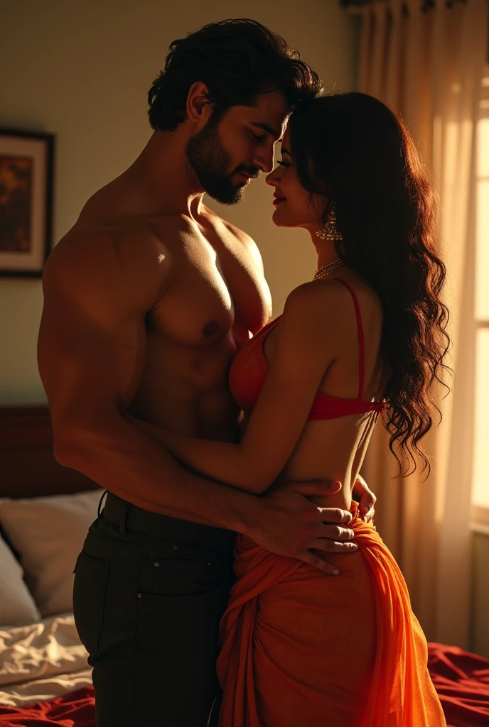 A image of two persons a husband with six packs and wife bold scene hot saree ,((big breasts )),on bed little smile romantic
