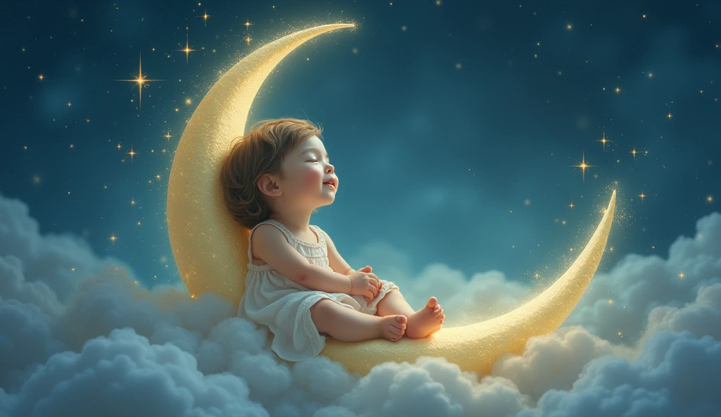 a child listens to a lullaby and sits tenderly on a crescent moon in a fairytale space, and there are many stars around, sleeps with his eyes closed