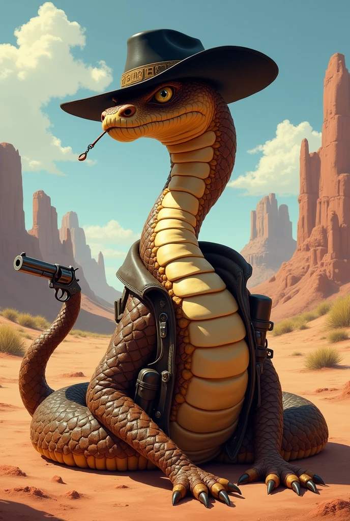A brown rattlesnake wearing a black hat, wrapped in ammunition holsters, and at the end of its tail is a gun. Use Jake Rattlesnake from the animated film Rango as a reference. I would like the art in a fantasy RPG style, set in the old west.