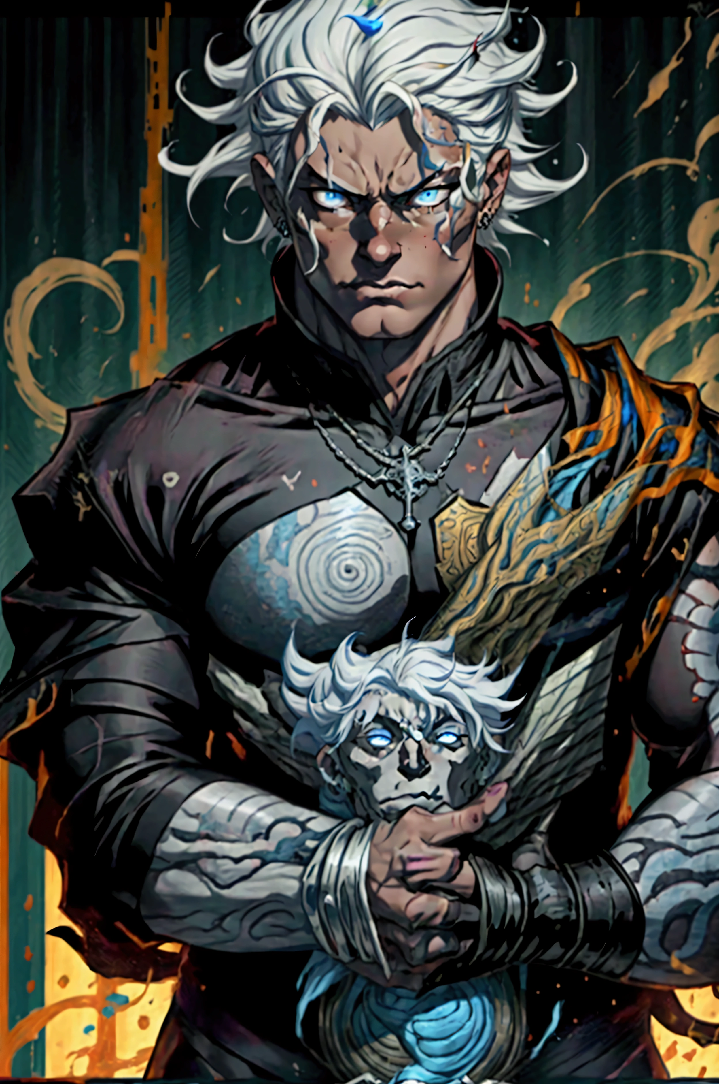 "son of darkness, white hair, blue colored eyes, scar on his eye in his combat mode after losing his reason and being consumed by fury. 4K quality, scene de アニメ, reference of asta black clover, ace of one piece, Arcanum, アニメ, badass, charachter, masculine, thierfling"