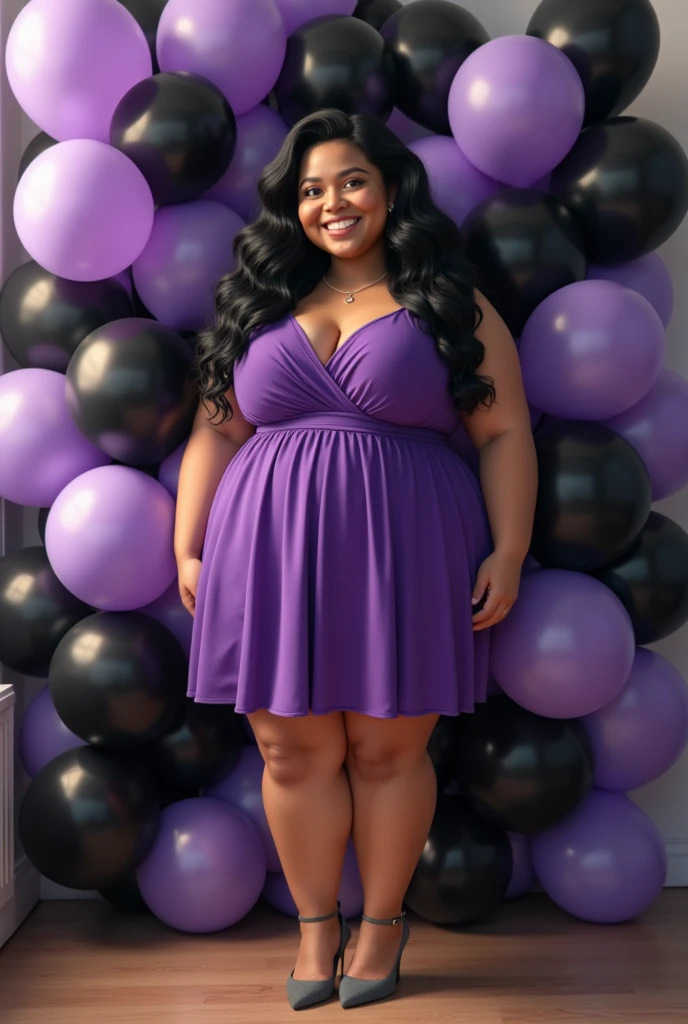 woman, long wavy black hair, smiling, chubby, purple dress, gray heels, surrounded by black and purple balloons, birthday celebration, looking at the camera, photorealistic