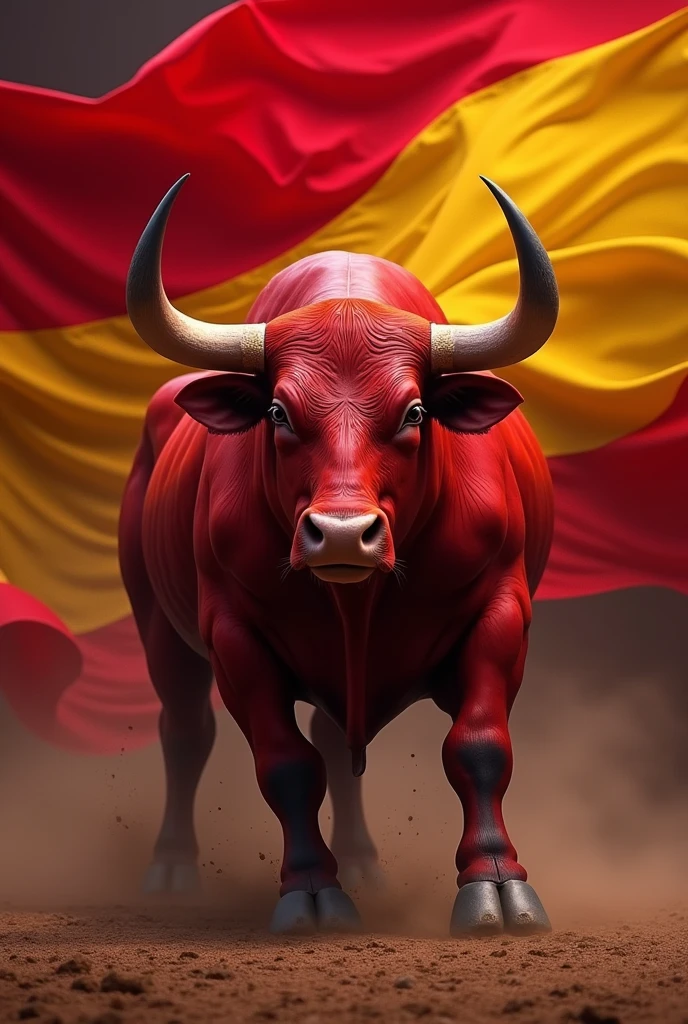 Huge muscular red bull with the flag of Spain behind him