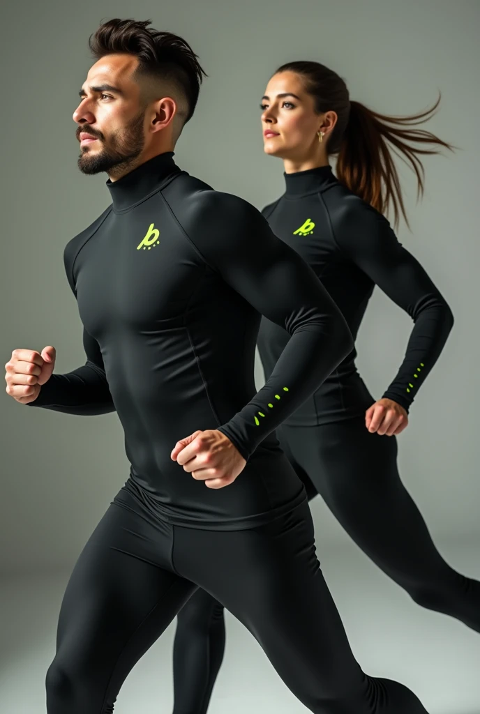 Image of man and woman exercising in black long sleeve sportswear with lime green H logo