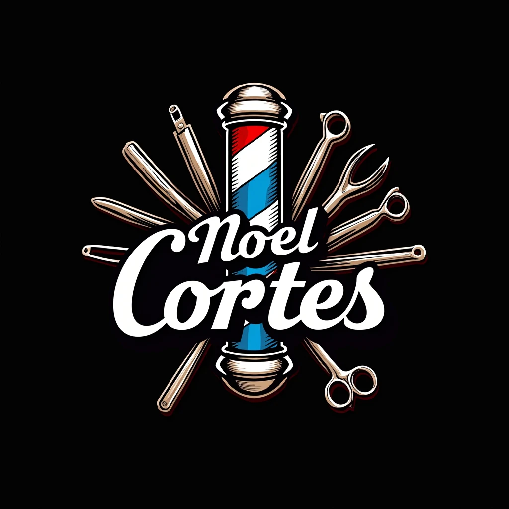 Faça uma logo escrita “Noel cortes” com a fonte bem detalhada é um símbolo 💈 azul, red and white in the back with some barber tools behind is a black background