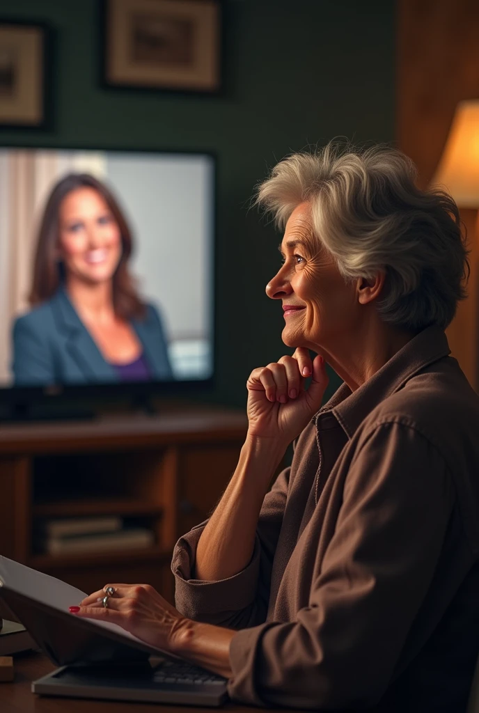 While answering the questions, Martha is seen watching the broadcast and reacting to her answers., with smiles and putting his hand to his chin.