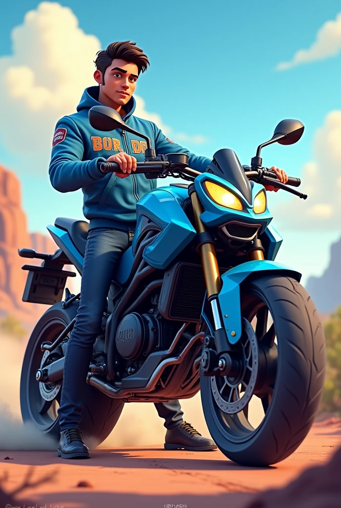 Blue all terrain motorcycle and the owner standing next to it with a jacket bearing the name JAIR more animated image