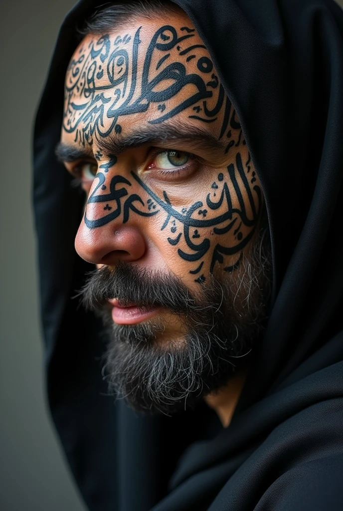 A picture of an Arabic poet's face. A tattoo drawing written in Arabic, one of the famous verses of poetry. The tattoo covers the entire face and is in black. An unrealistic expressive picture that reflects the beauty of Arabic calligraphy on the entire face.