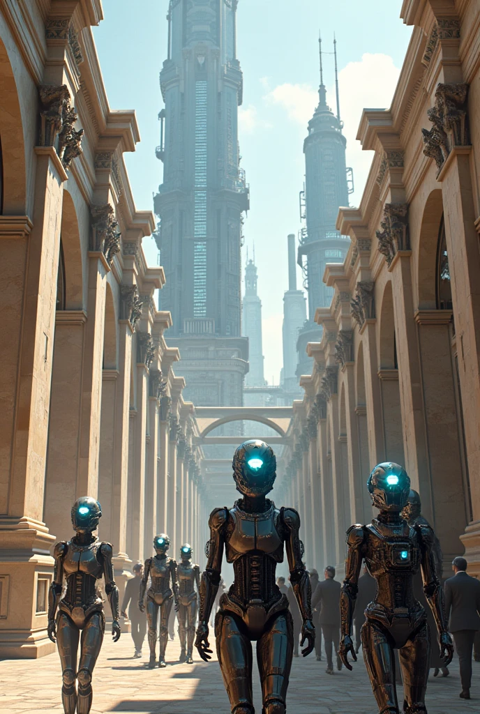 robots are standing in a narrow alley with a city in the background, peter gric and dan mumford, craig mullins nekro, by Peter Gric, style of jim burns, inspired by Stephan Martiniere, cgsociety ), cybernetic civilizations, cybernetic civilisations, fractalpunk, award winning scifi art, by Ian Miller --auto --s2