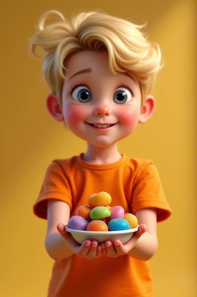  child offering colorful brigadeiros .Honey blonde hair. Social cut combed to the side. Wearing an orange t-shirt. Pixar-style 
