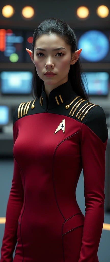 a female Vulcan in red captains starfleet unifrom with elf ears
