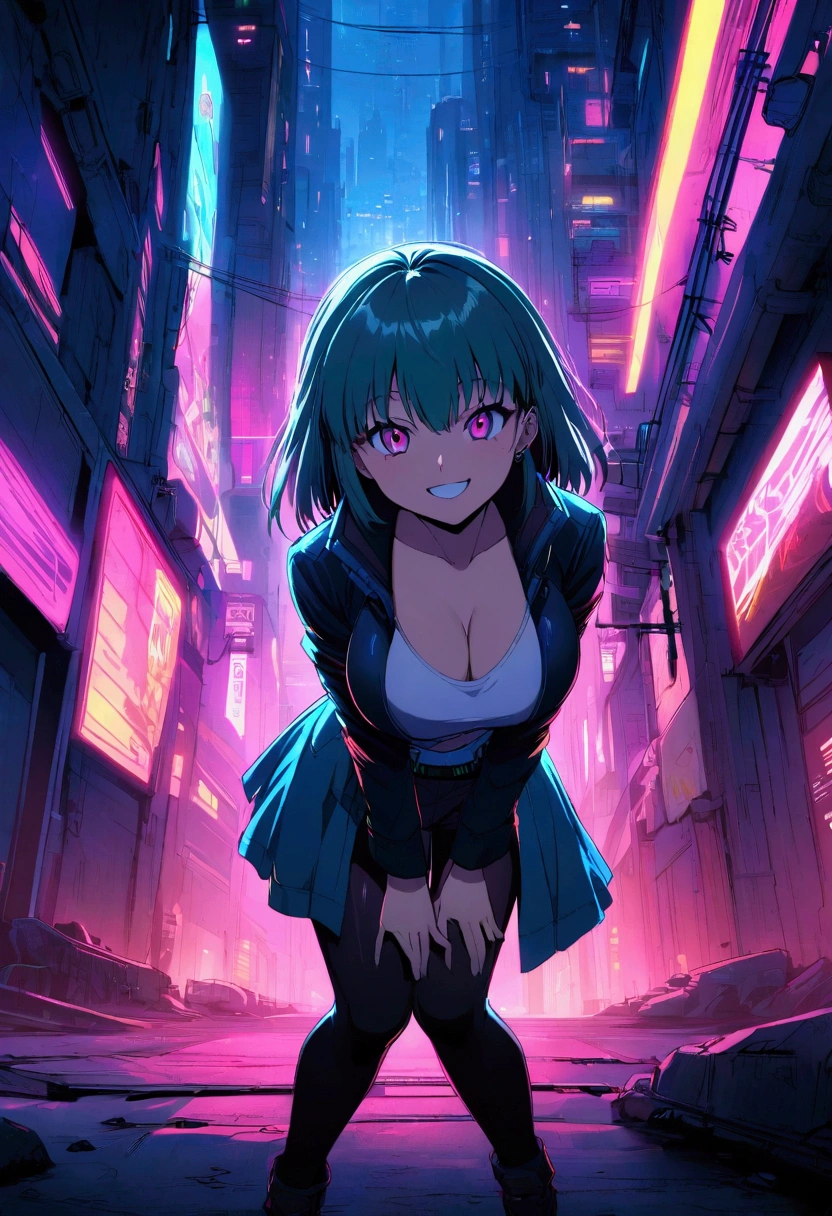 anime girl, , standing and crouching towards the viewer, big breasts, grin, open skirt, top neckline, cyberpunk futuristic world