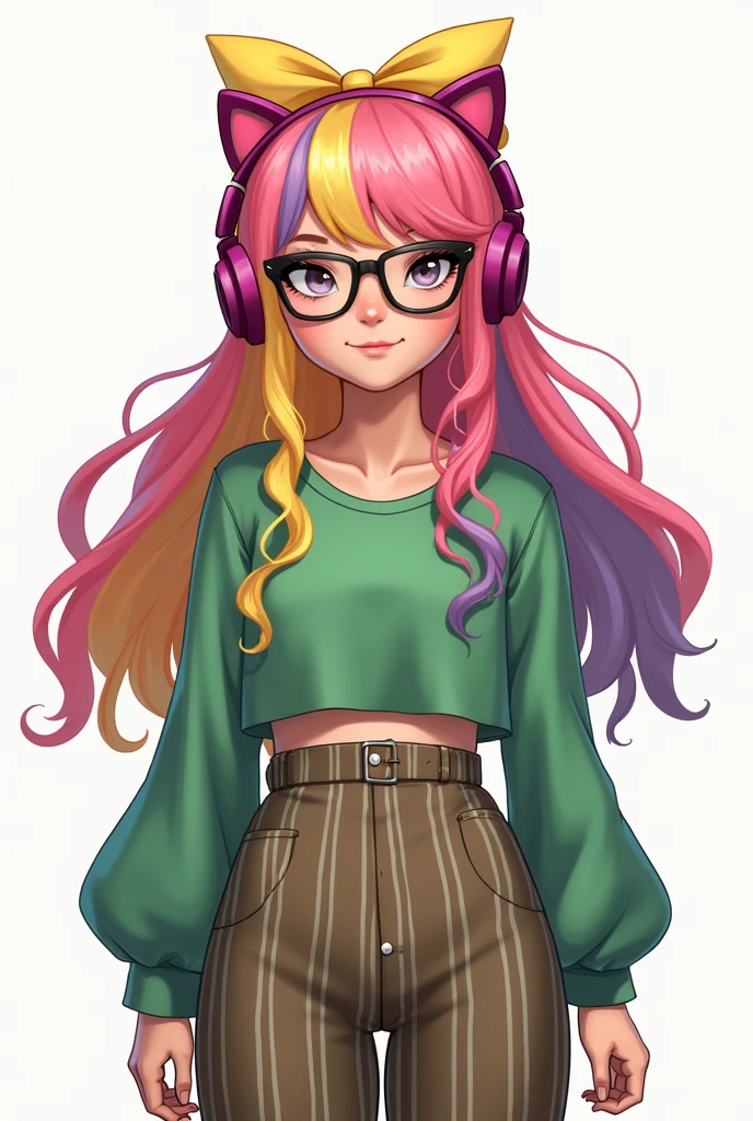 Female character with a long-sleeved green blouse with brown stripes, green pants with brown and gray stripes, with a yellow bow in her hair, long pink-yellow-purple hair, dark pink kitten balaclava headphones, black glasses 