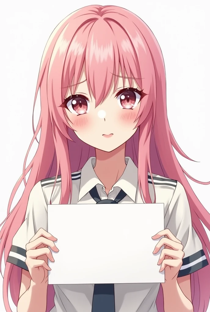 anime, drawing, pretty girl, sexy body, tender gestures, White skin color, pink hair, works in taxi, He is holding a blank sign