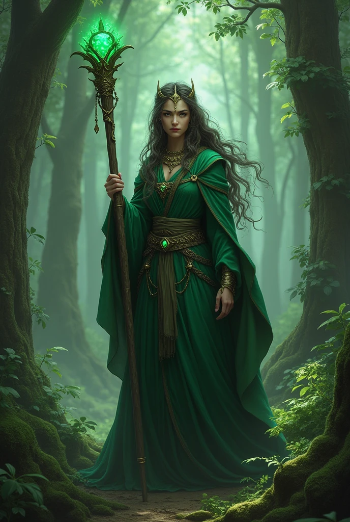 A woman of the druid race, who uses a staff with an emerald on the tip RPG