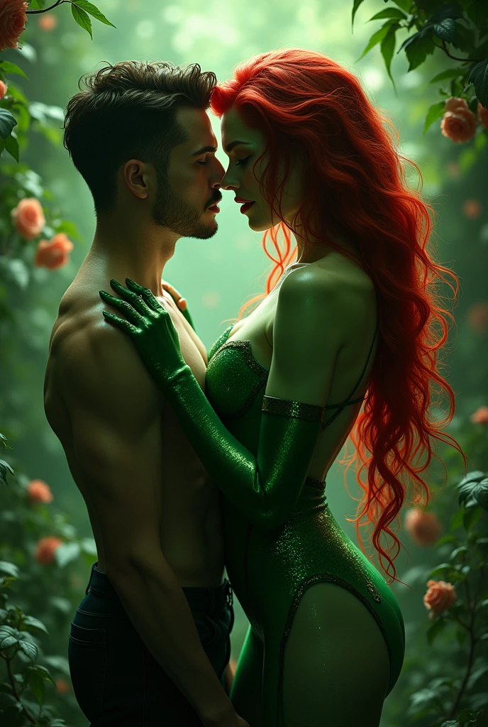 Hot Poison Ivy sexy Big boobs with long red hair ang green skin wet and kiss a man