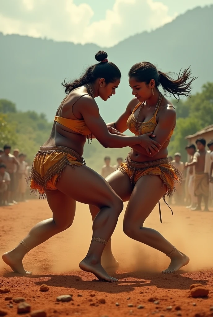 Wrestling between indian female and male,show crica near about 1950 and umpire showing female wrestler as winner . Male is in losing position