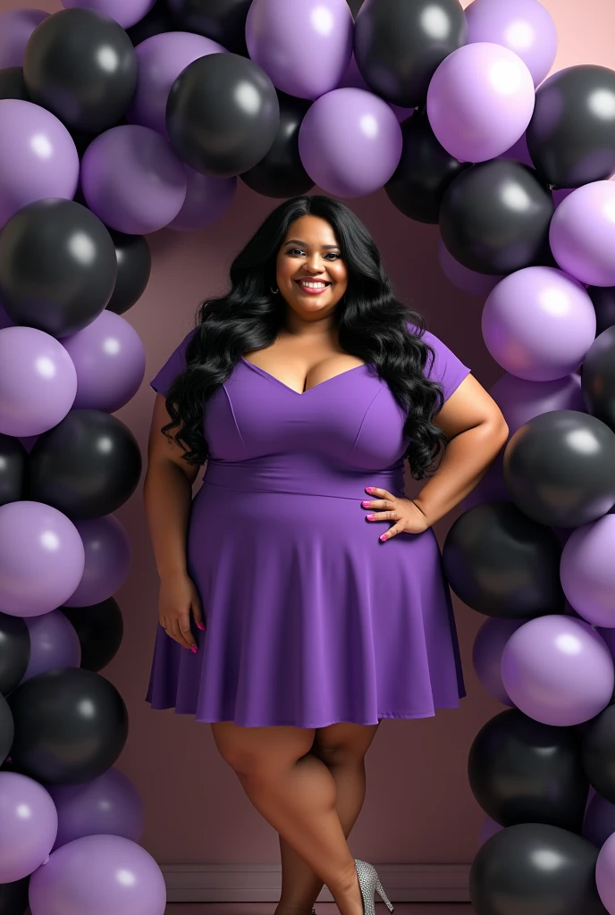 woman, long wavy black hair, smiling, big bust, wide pants, chubby, elegant purple dress, gray heels, surrounded by black and purple balloons, birthday celebration, looking at the camera, photorealistic