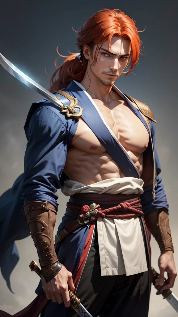 • Head:
• The character has a youthful, slightly angular face with soft yet defined features, giving him an approachable and gentle look.
• His hair is a vibrant reddish-orange, long and straight, with some strands framing his face while the majority is tied back into a low ponytail.
• The bangs are long and fall across his forehead, partially covering his eyes, adding to his mysterious and somewhat serene expression.
• His eyes are large, expressive, and a striking blue color, giving him a look of deep thoughtfulness and inner strength.
• A distinct, cross-shaped scar is present on his left cheek, adding an element of past conflict or hardship to his otherwise gentle appearance.
• His expression is calm, with a slight, knowing smile that suggests both kindness and experience.
• Upper Body:
• The character is dressed in a traditional Japanese kimono, specifically a red gi, which is loose-fitting and flows elegantly around his body.
• A katana (Japanese sword) is slung over his left shoulder, with the hilt visible above his shoulder, indicating he is a skilled swordsman. The sword is held casually but securely, suggesting readiness without aggression.
• Pose:
• The character is turned slightly to the side, with his left hand resting on the hilt of his katana, which is slung over his shoulder.
• His stance is relaxed yet alert, reflecting both his calm demeanor and his readiness for action if necessary.
Simple Background, Anatomically correct,