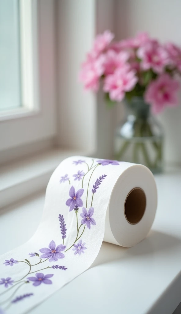 A close-up of scented toilet paper, with a subtle floral pattern printed on it. The paper is slightly unwound, releasing a gentle lavender scent. The bathroom is bright and airy, with a vase of fresh flowers nearby.