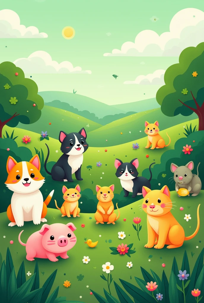 Green style image, greenish, Green Theme, puppies, cats, rats, pigs, flat land, vibrant green