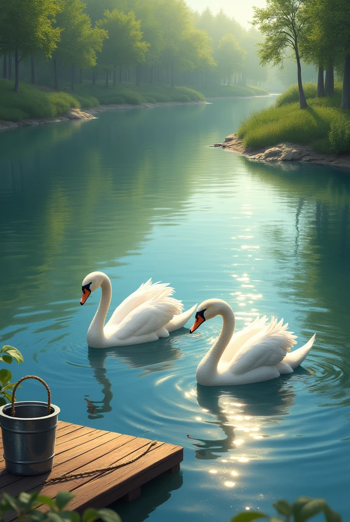 On a serene lake glistening under the bright sun, swans glide gracefully across the calm waters. Their elegant forms create gentle ripples as they move. A small wooden deck extends into the lake, where a steel bucket, tethered to a rope, rests beside the edge. The sunlight sparkles off the surface of the water, enhancing the tranquil beauty of the scene and casting a warm, inviting glow over the entire landscape.