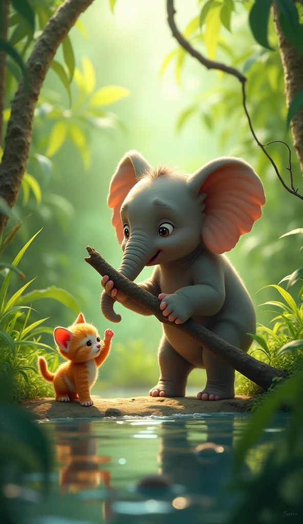 In a vibrant jungle, a tiny, light orange kitten named Sunny wandered about, her curiosity leading her through the tall grass. One day, she stumbled upon a baby elephant named Nino, who was playing with a fallen branch. Nino's enormous size contrasted with Sunny's  frame, but there was an instant connection between them. Sunny purred softly, and Nino gently extended his trunk. The two touched—trunk to paw—and from that moment, they became inseparable friends. Whether it was exploring the jungle or playing in the water, they were always side by side, sharing a bond that was pure and sweet.