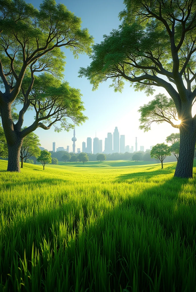 green field , with trees in Brasilia, a realistic image without looking like a drawing , with two spotlights of photo taking lights standing on the field