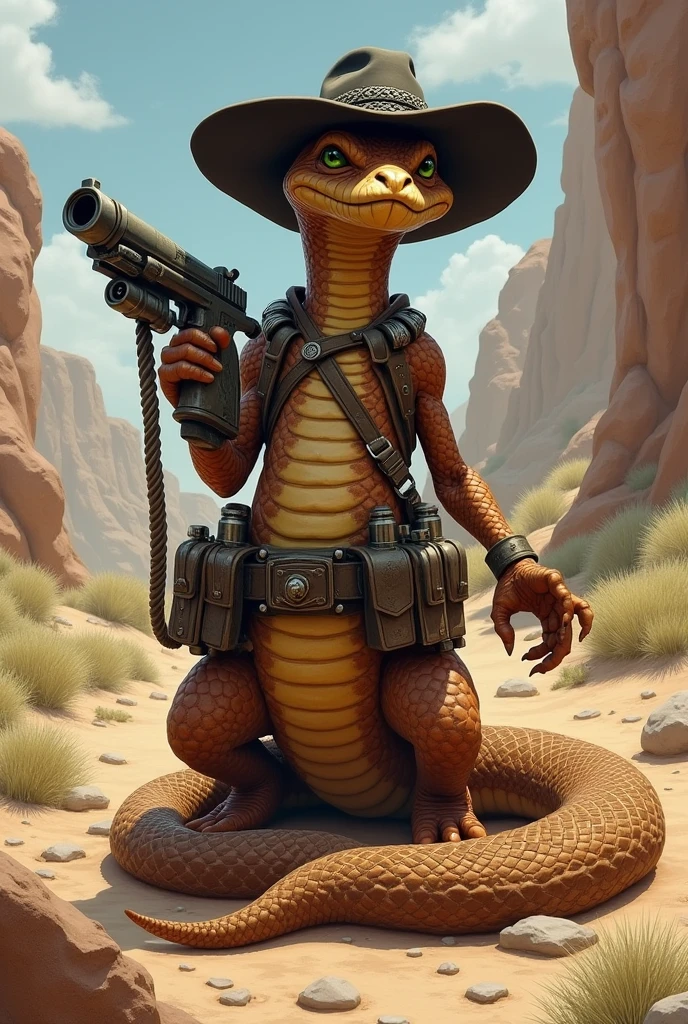 A brown rattlesnake wearing a black hat, wrapped in ammunition holsters, and on the tip of its tail is a minigun. Use Jake Rattlesnake from the animated film Rango as a reference. I would like the art in a fantasy RPG style, set in the old west.