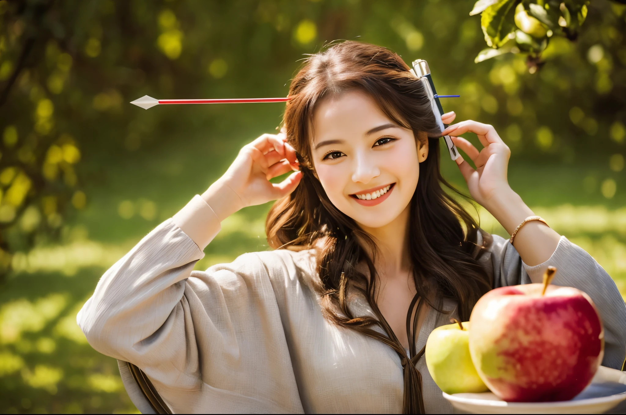 Highest quality masterpiece detailed A very beautiful woman is smiling and holding an apple on her head, with the arrow shot by William Tell stuck in the apple. Photo style Real dramatic
