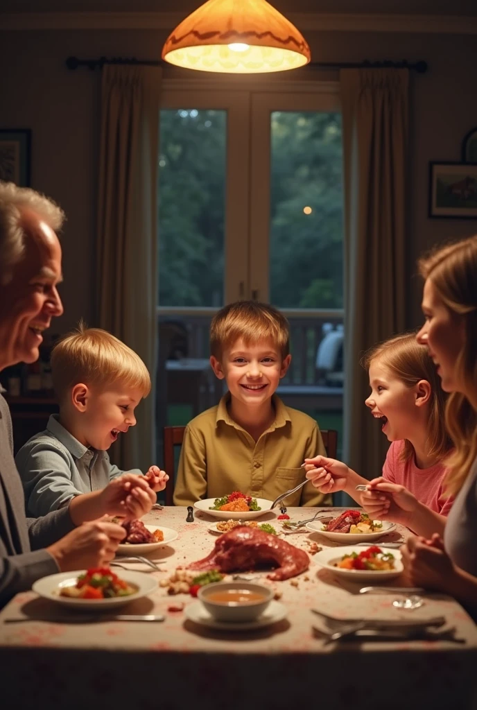 a happy family at a dinner table eating parts of a dead dog

