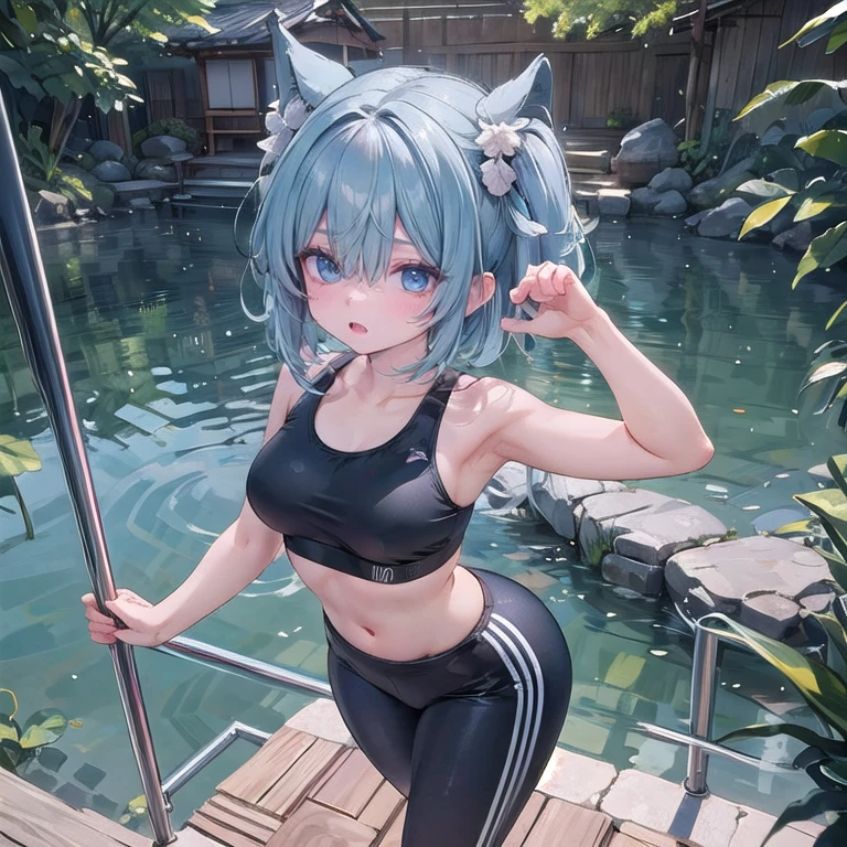 masterpiece, detailed, high quality, absurdres, elira, 1girl, solo, head wings, medium breasts, curvy, wide hips, 
BREAK hair over one eye, one eye covered, 
BREAK from above, pond, arch, japanese architecture, dawn, victory pose, 0.7::sports bra, pom-pom pants0.2::, face mask, :o,
BREAK standing, legs together, Ecchi sexy waifu ero anime 