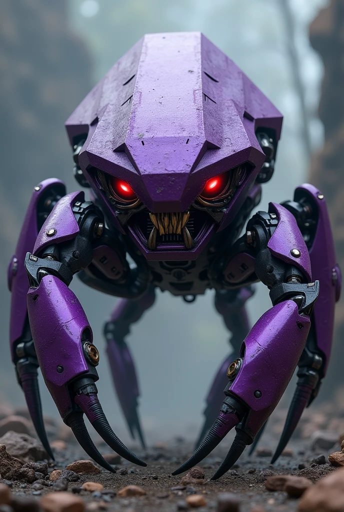 robot Hexagonal Prism shape. crab robot legs. red eyes, sharp teeth. crab shape robot purple.