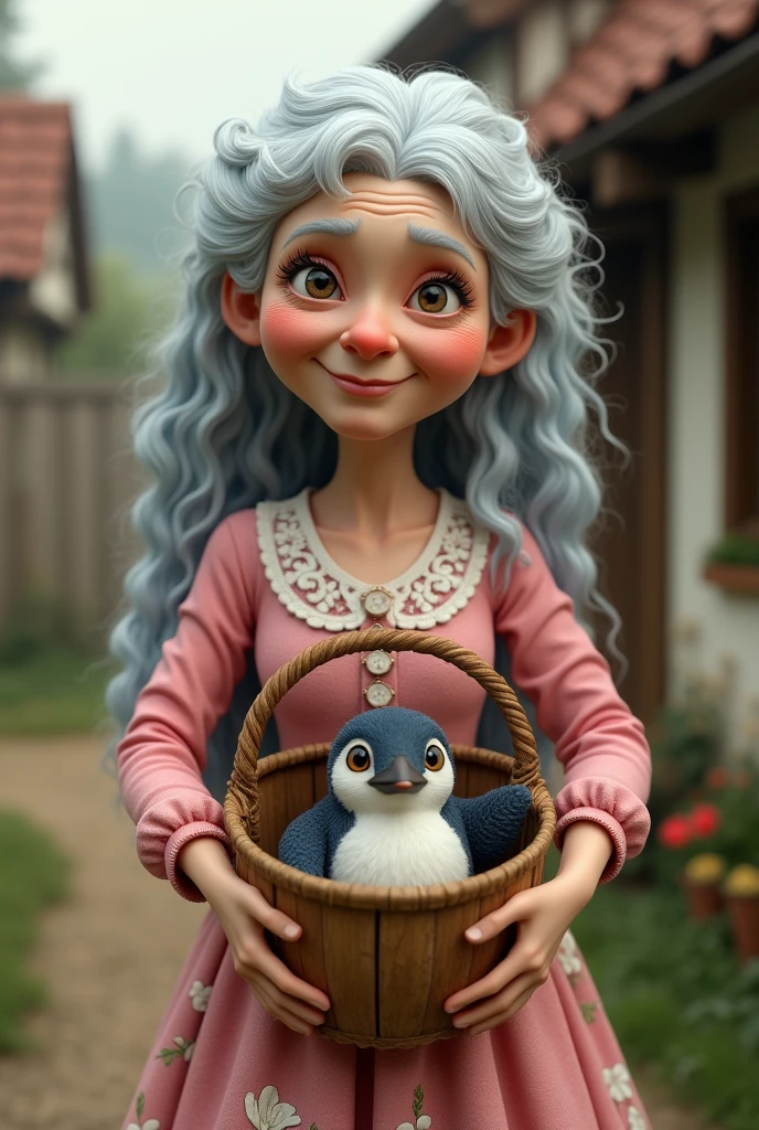 80age 
 very old woman with curly white blue long hair
A pink dress with pictures of white roses on it
A wooden basket with a penguin inside
In Germani 
Style 3D

