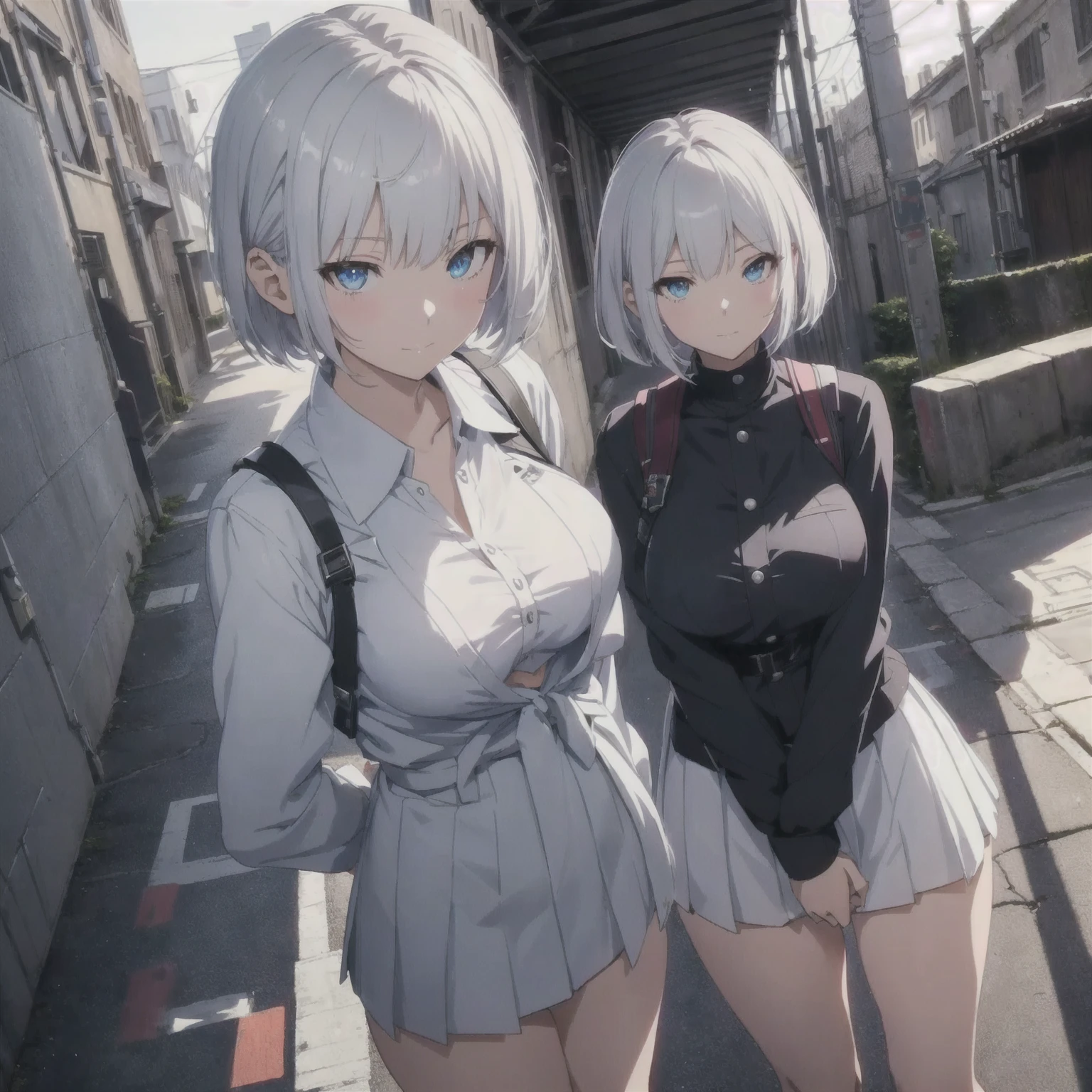Anime characters taking photos in a narrow alley, Anime Style. 8k, two beautiful Anime, Realistic Anime 3D Style, Anime, Anime Style 4 k, Girls Frontline Style, a Surreal school girl, Gweiz-style artwork, modern Anime Style, On the city streets, Surreal school girl